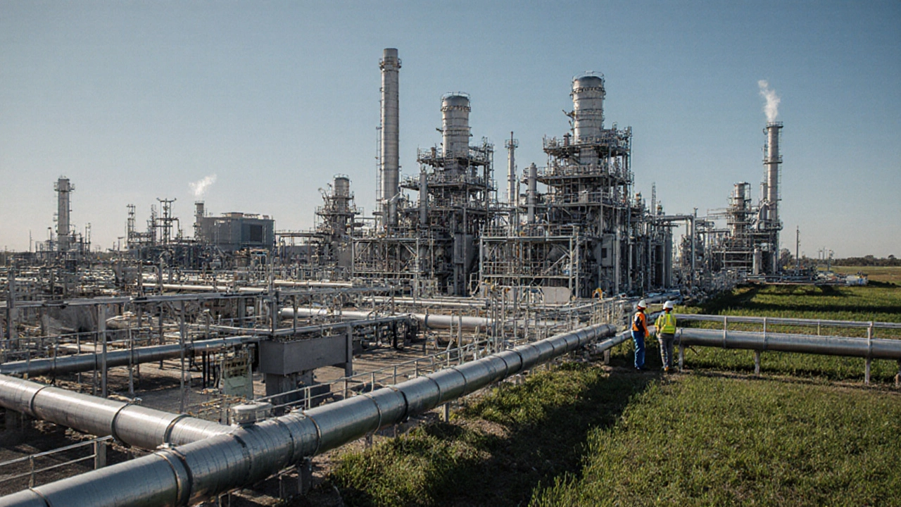 Plastic manufacturing plant along the Gulf Coast with pipelines and fracking wells