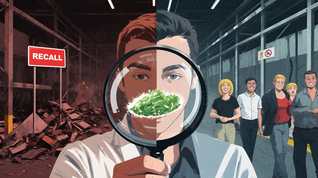 Quality assurance manager holding a frozen pea, contrasting recall disaster with safe production.