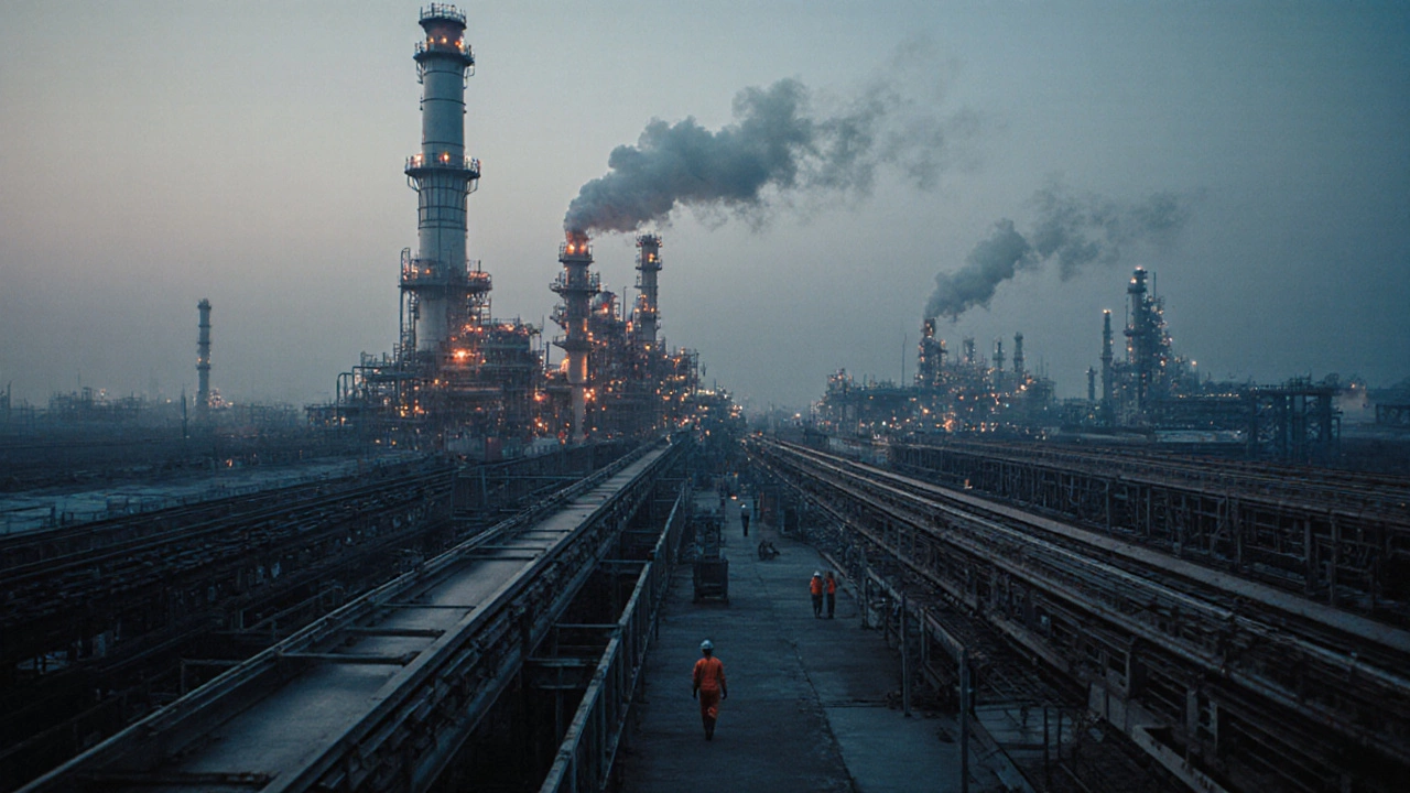 Reliance Industries&#039; massive petrochemical complex in Jamnagar at dawn, with steam rising from refinery towers.