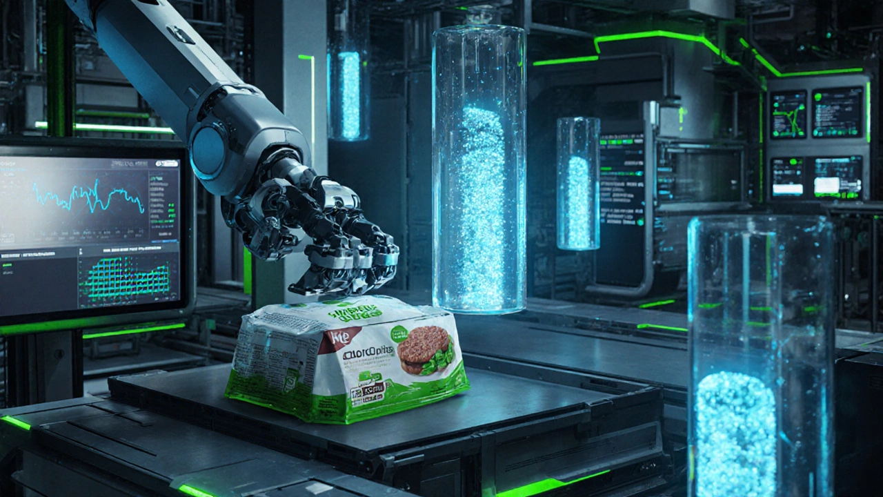 Robots packaging plant-based meat in a high-tech factory with glowing tubes and digital screens displaying supply chain data.