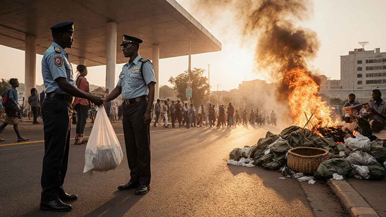 Rwandan officer giving a cloth bag at airport, burning plastic bags in background, clean city streets.