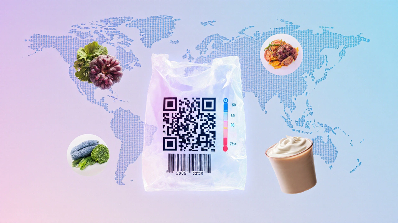 Smart packaging with QR code and color-changing indicator alongside icons of preserved foods like dried fruit and yogurt.