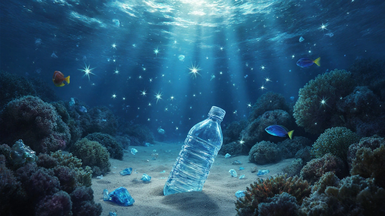 Underwater scene with microplastics swirling among coral and fish