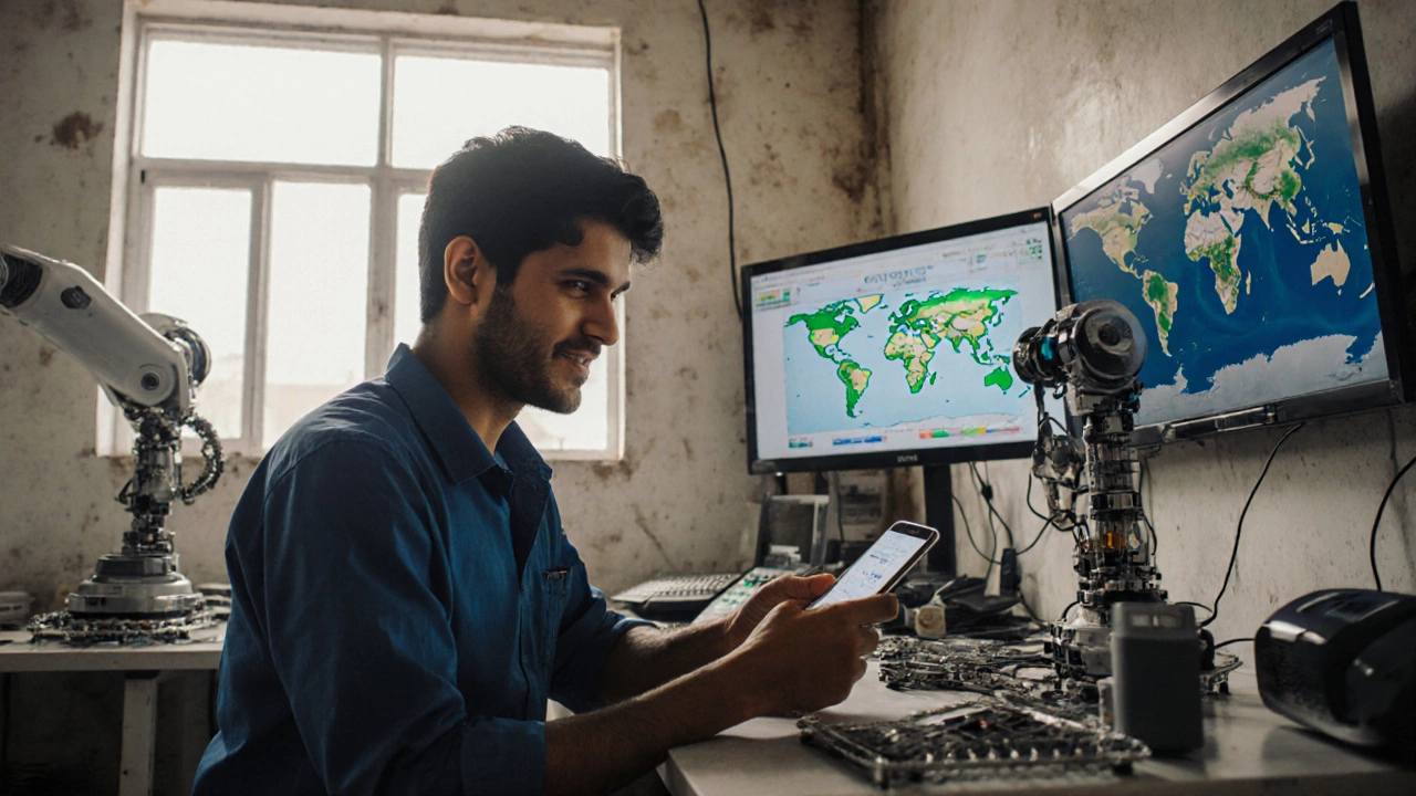 Young Indian technician using a smartphone to manage a robot in a small digital factory with monitors showing global data.