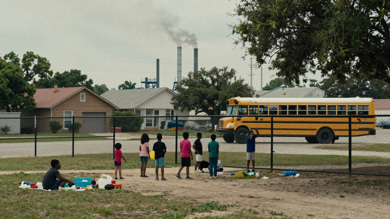 A community near a plastic plant with children playing as smoke rises over homes and trees.