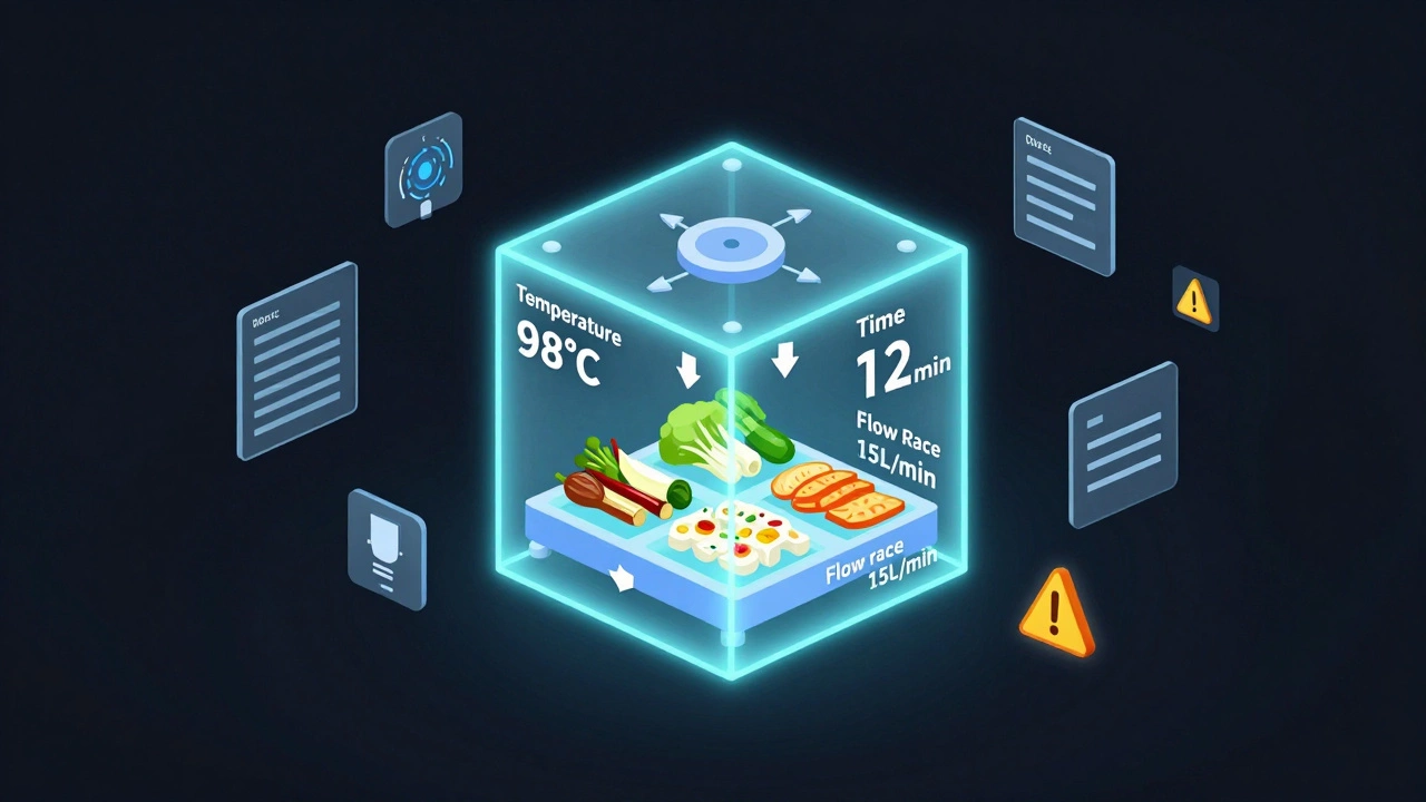 A modular cube representing a defined processing unit with labeled parameters and monitoring icons.