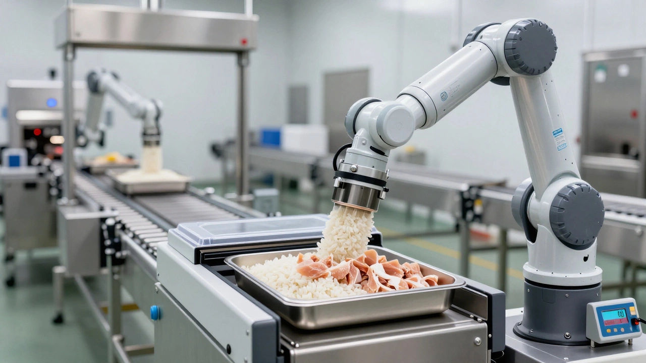 A robotic arm portioning rice and chicken into sealed meal trays on an automated food production line.