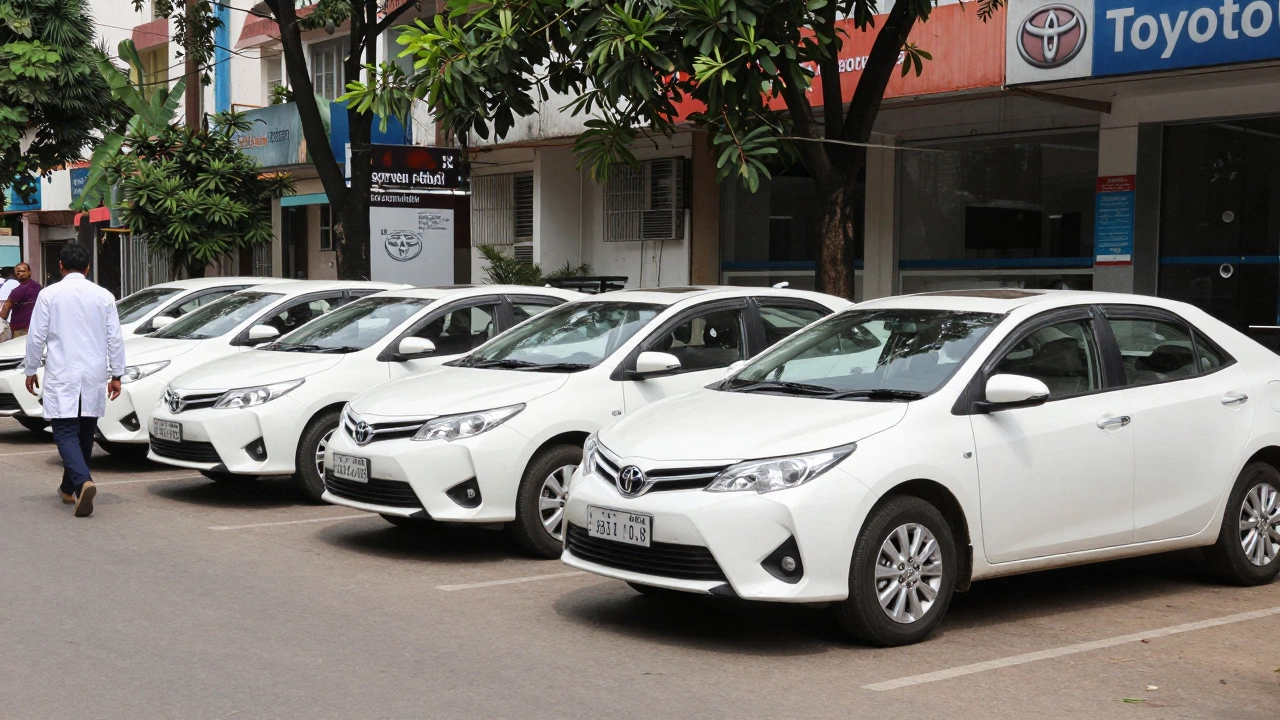 A row of well-used Toyota Camrys parked outside a hospital, with doctors approaching them after work.