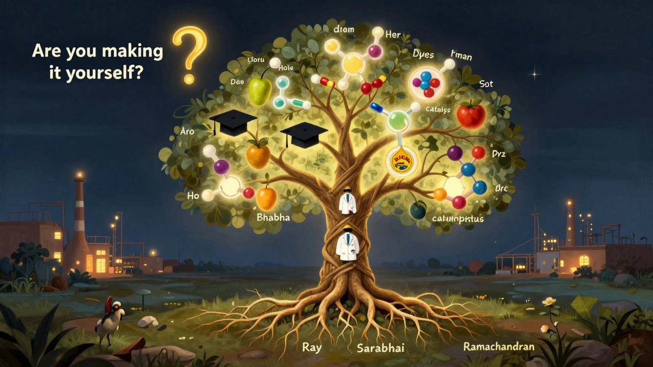 A symbolic chemical tree with roots of Indian scientists, bearing fruits of pharmaceuticals and catalysts under a glowing question.