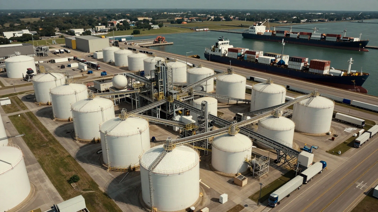 Aerial view of a plastic resin facility with storage tanks, conveyor belts, and cargo ships loading pellets.