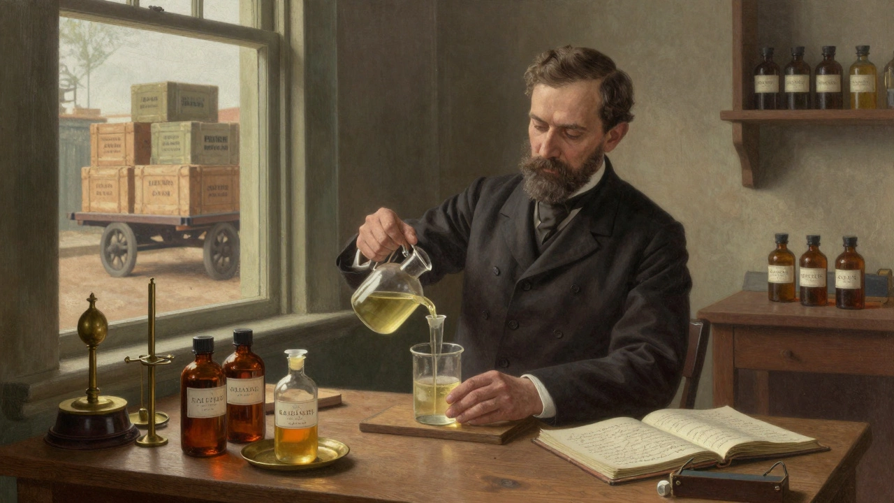 Dr. P.C. Ray in 1892 Calcutta, producing indigenous chemicals in a small workshop beside imported crates.