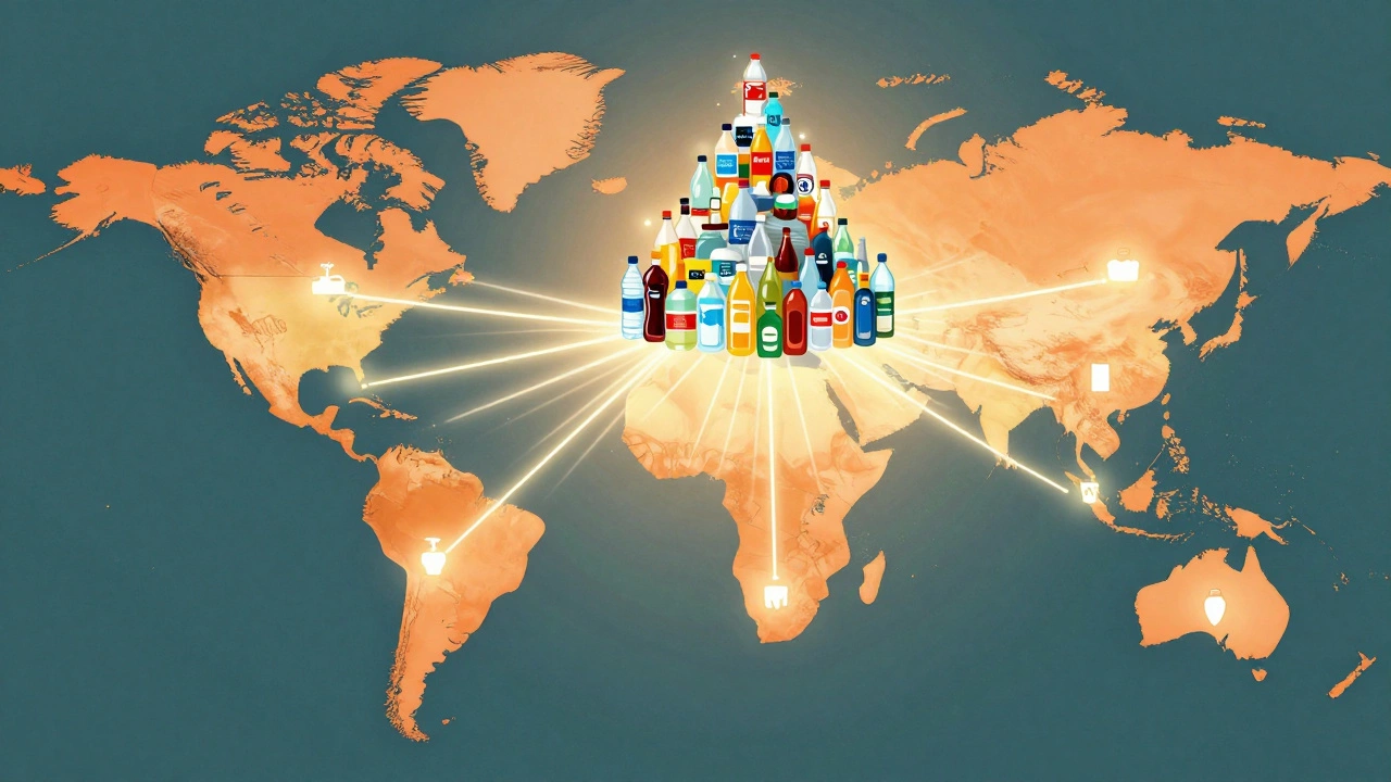 Global map showing millions of plastic bottles flowing from India and Nigeria as a growing mountain of consumer packaging.