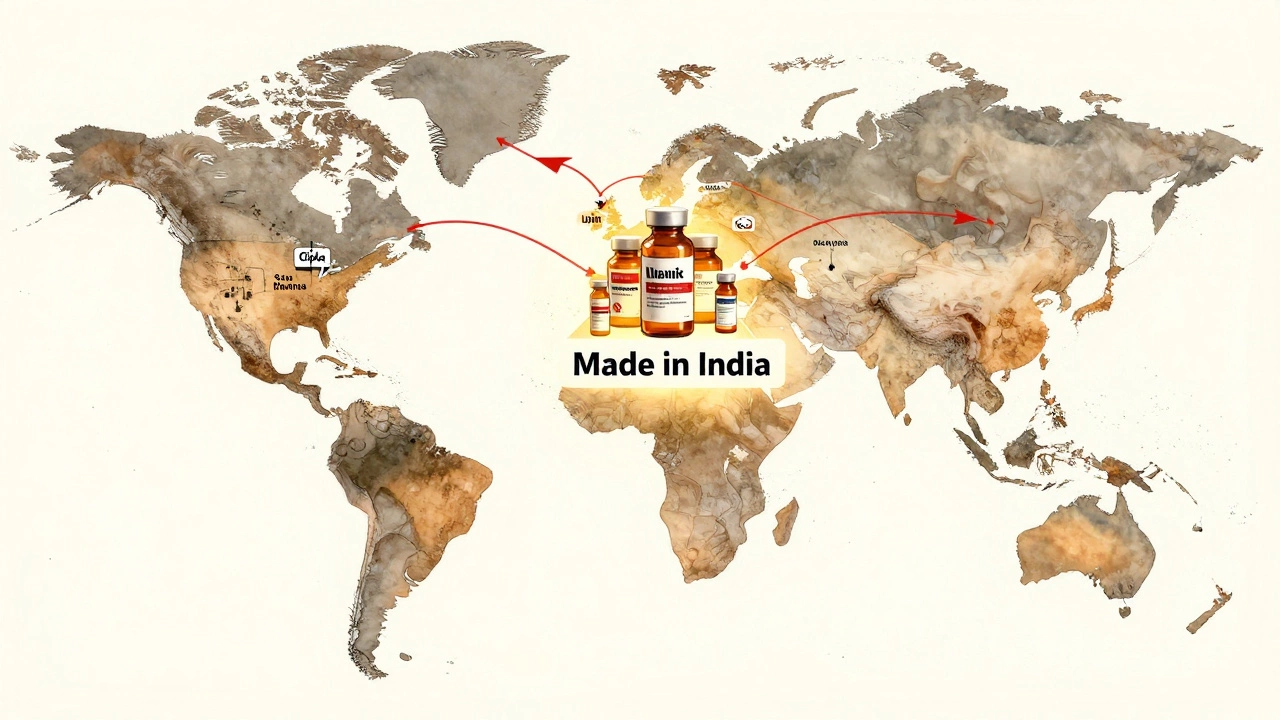 Global map with supply chains from Indian pharma companies delivering medicines to the U.S., Europe, and Africa.
