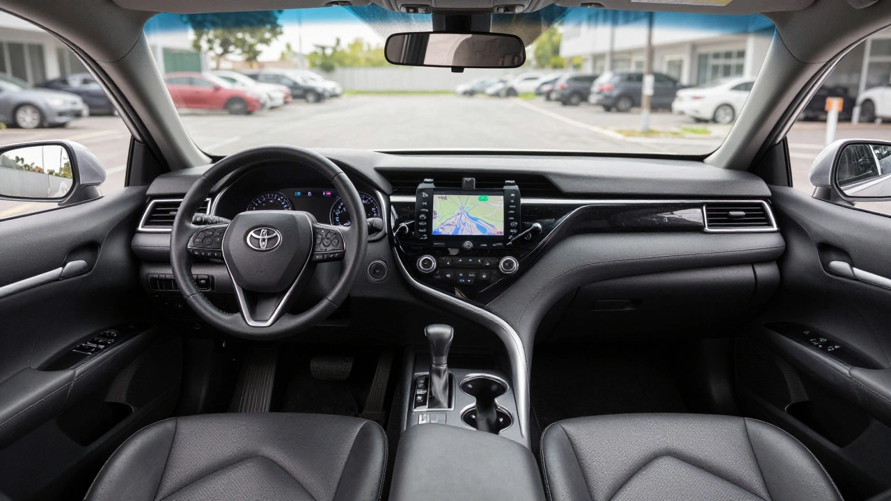 Interior of a Toyota Camry with physical climate knobs and a simple dashboard, sunlight shining through the windshield.