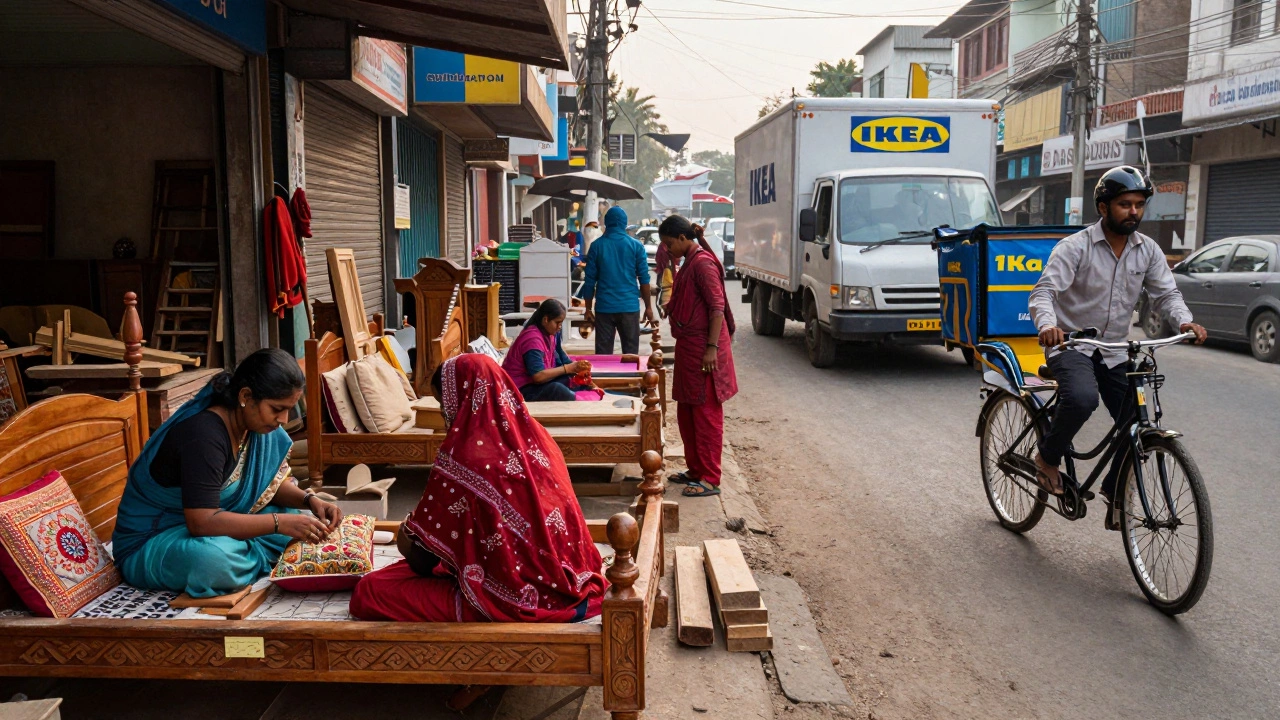 Local carpenters crafting hand-carved furniture in a workshop as a delivery rickshaw loads up nearby.