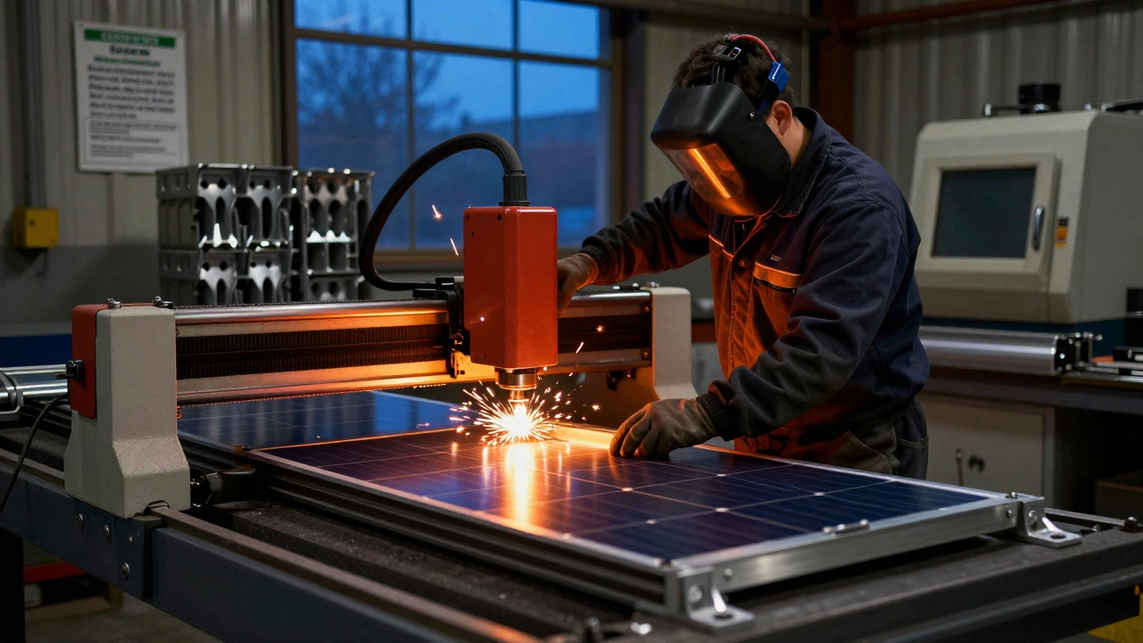 Metal fabrication shop with laser cutter sparking, technician making solar panel mounts at dawn.
