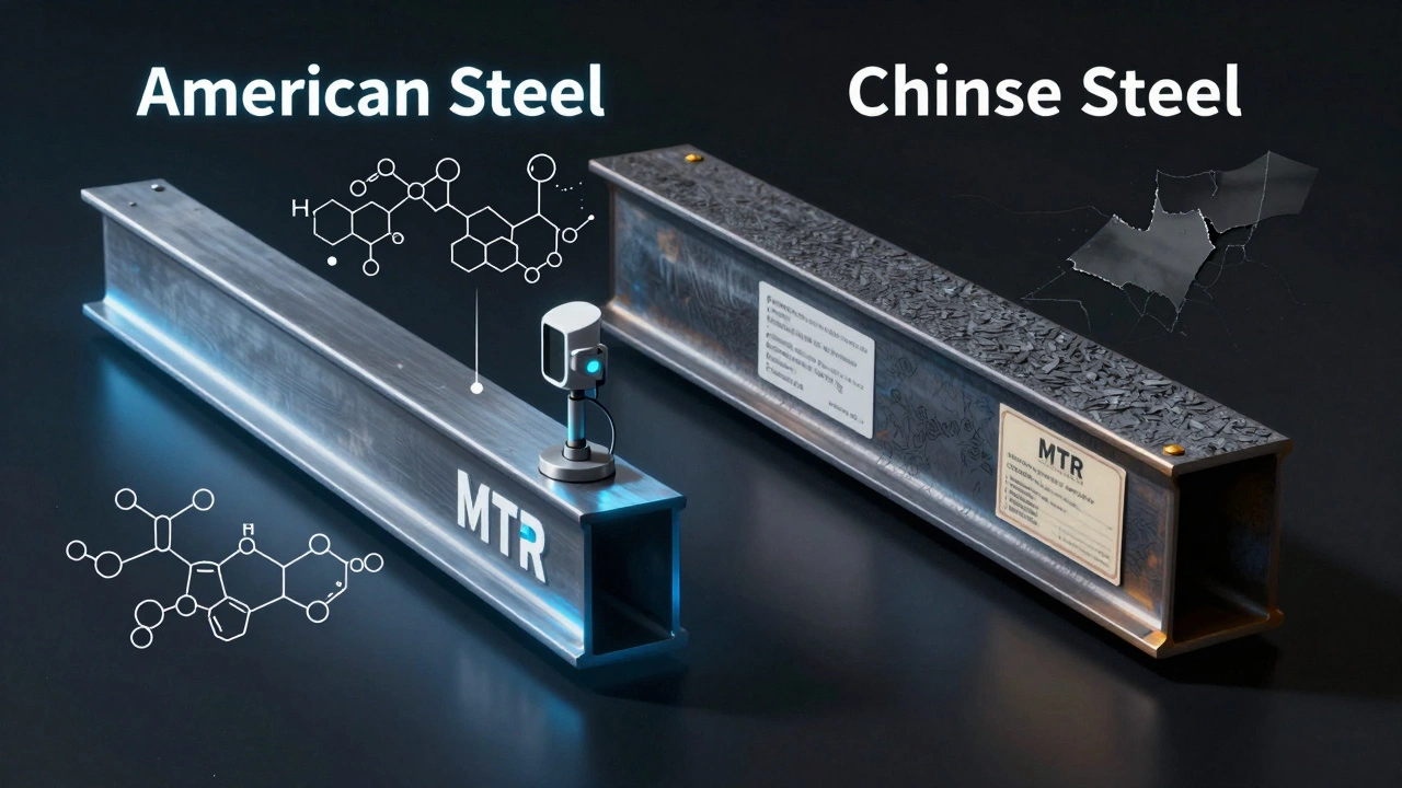 Side-by-side comparison of precise American steel versus inconsistent Chinese steel with certification documents.