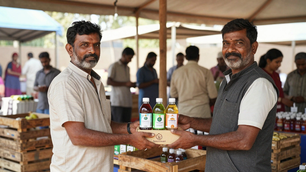 Small factory owner in India delivering custom plastic bottles to a local herbal tea brand at a trade fair.