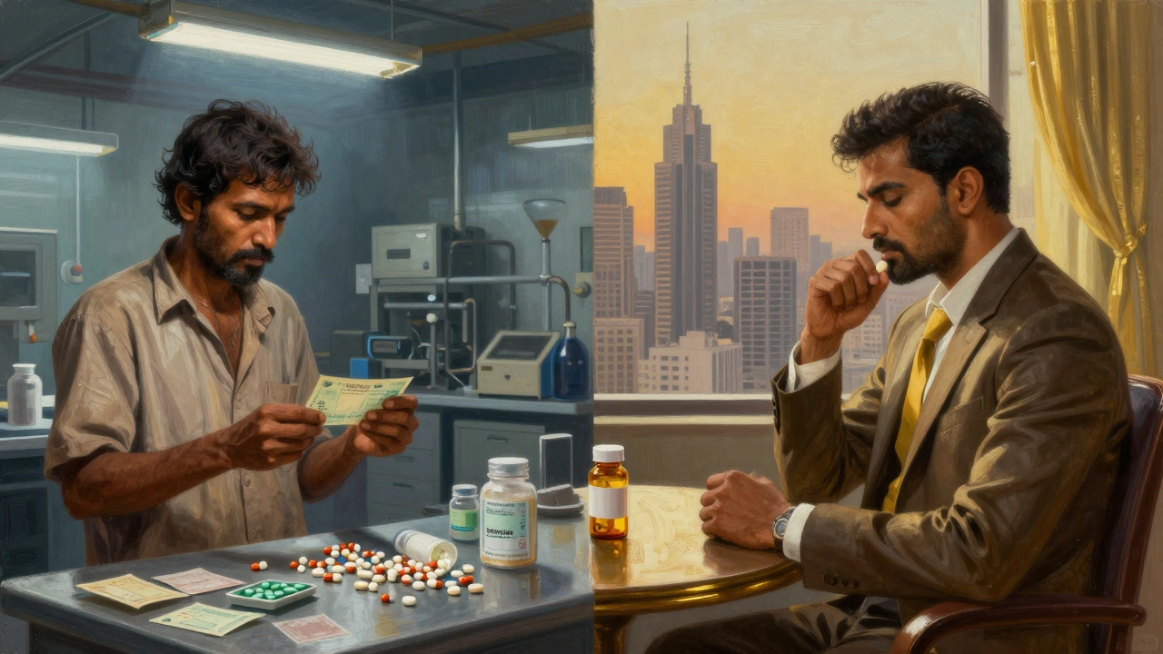 Split scene: factory worker with low pay vs. billionaire in luxury penthouse, connected by a single pill bottle.