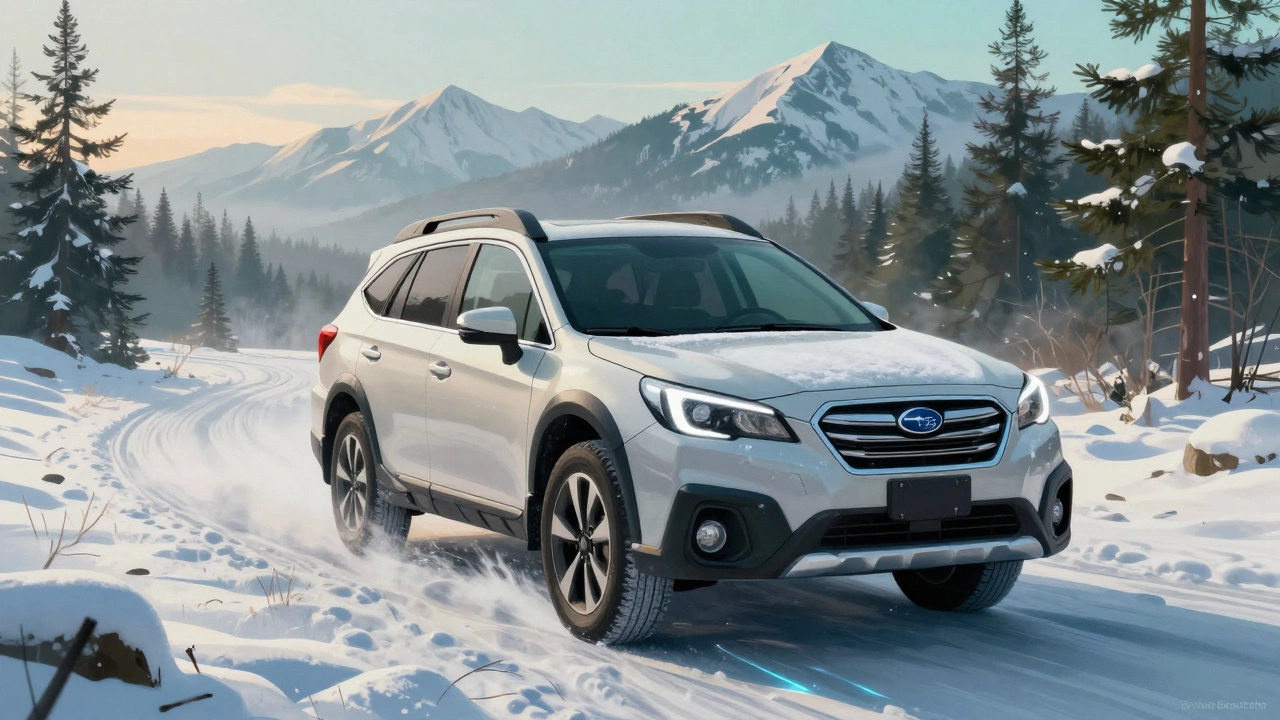 Subaru Outback driving through snowy mountains at dawn with glowing tech details