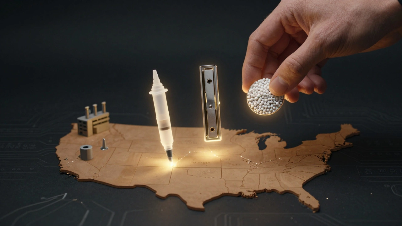 Three high-margin manufacturing components floating on a scale with golden glow over UK and US map.