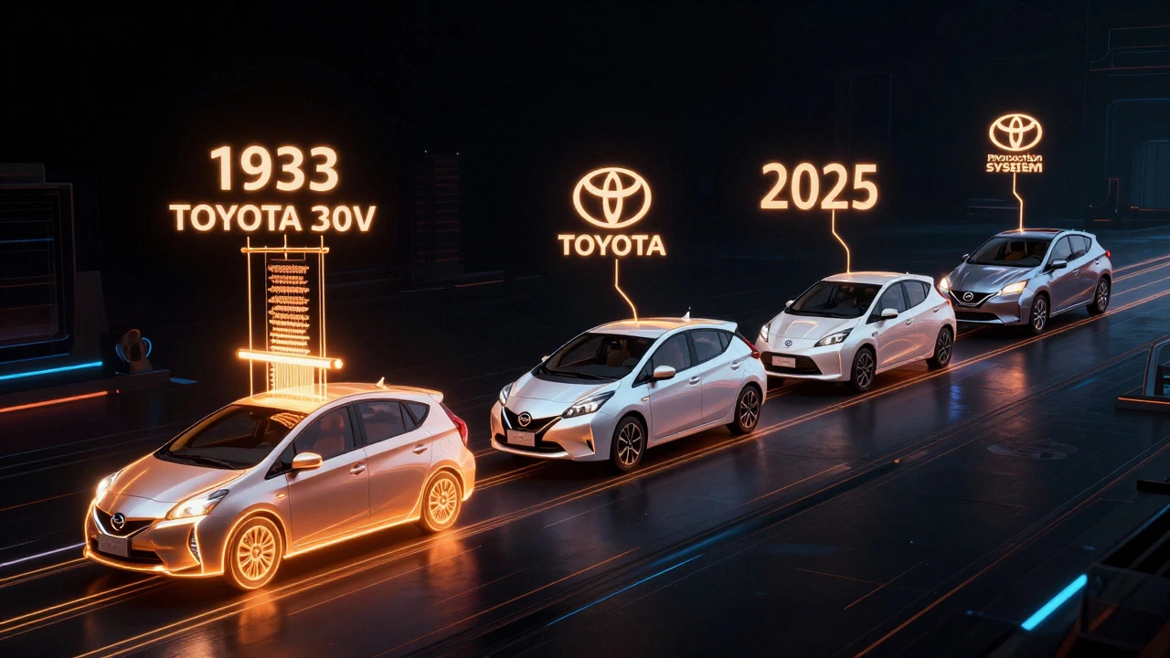 Timeline of Japanese car innovation from 1933 to 2025 with glowing tech elements