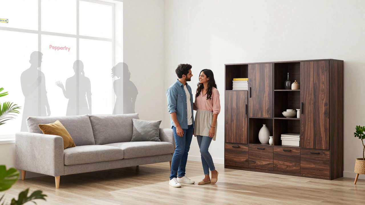 Young couple in a modern Indian home with IKEA furniture adapted for joint families, surrounded by fading traditional motifs.