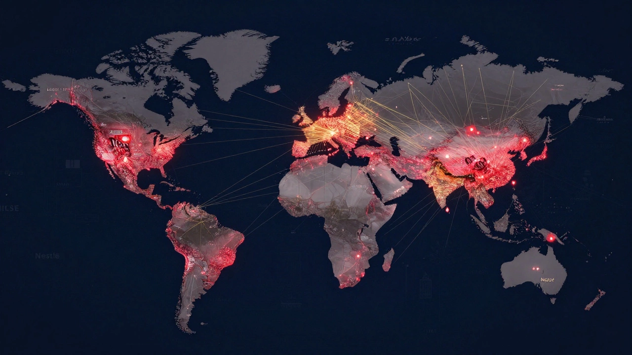 A global map with glowing dots showing Nestlé's 440 factories and distribution networks.
