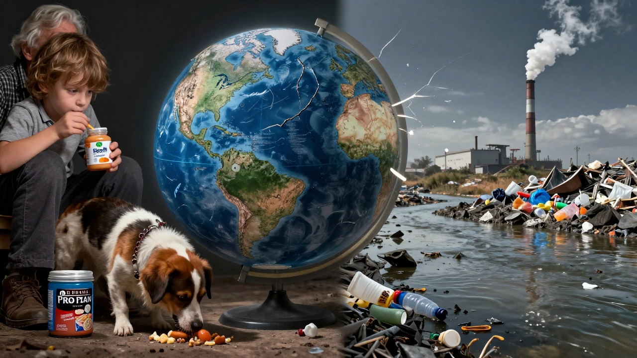 A split image showing Nestlé products nourishing people and pets versus environmental damage.