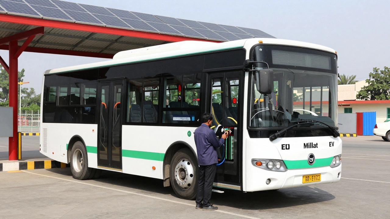 An electric bus charging at a depot in Lahore, powered by locally assembled battery modules.