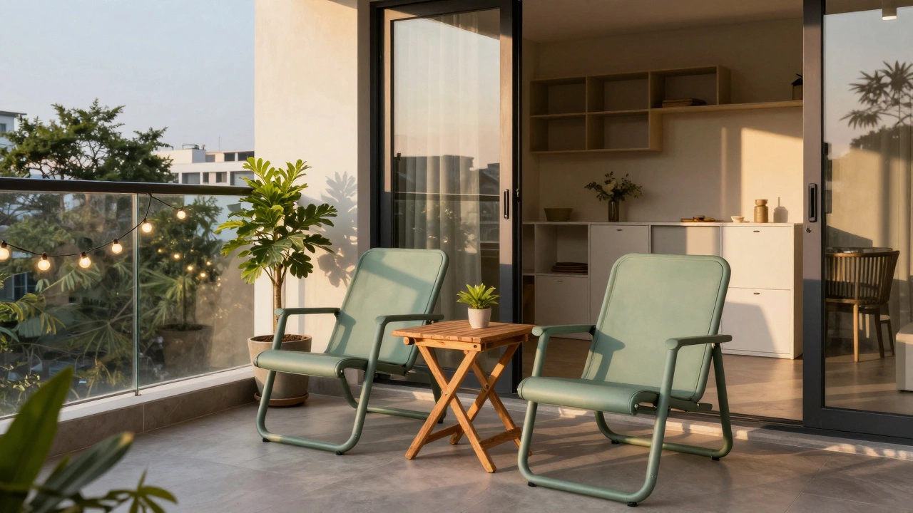 Compact balcony bistro set in sage green on a Bangalore terrace