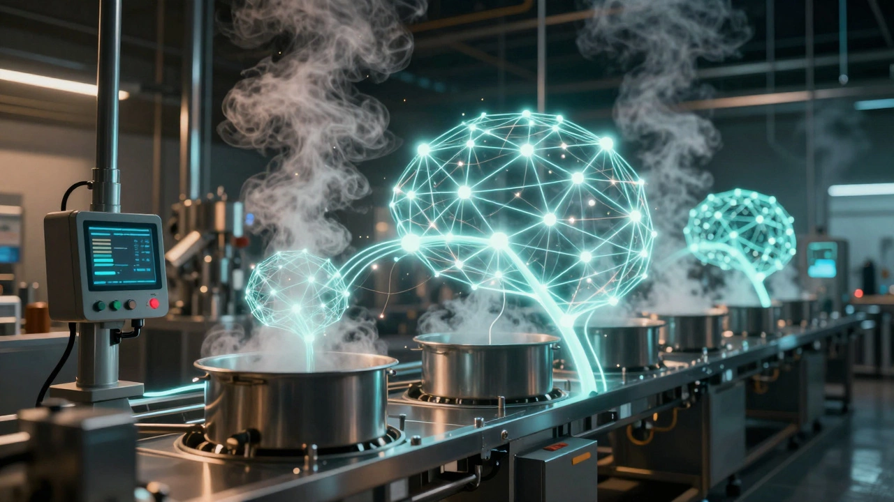 Conceptual view of a neural network controlling a food production line with glowing data pathways.