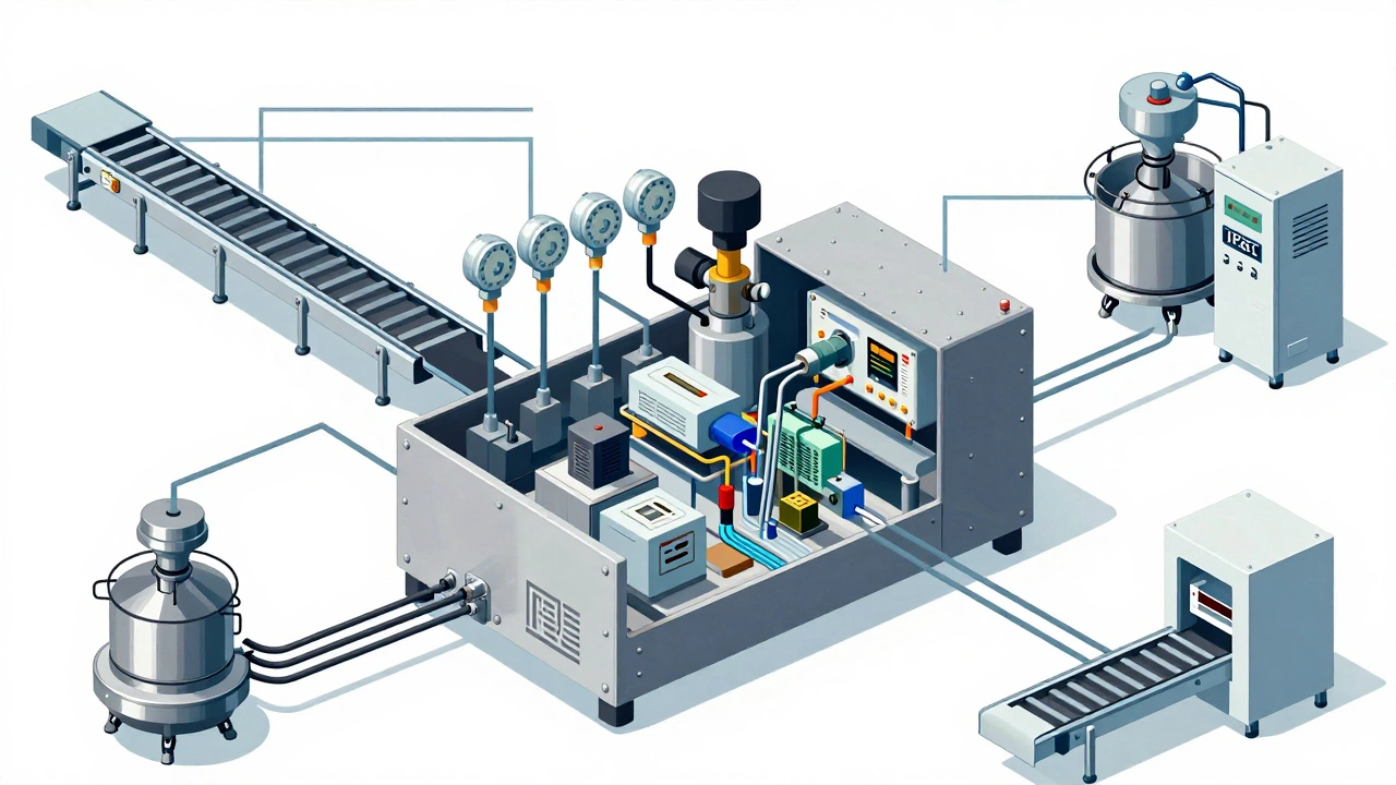 Cutaway technical illustration of an industrial automation controller with internal components and data connections.