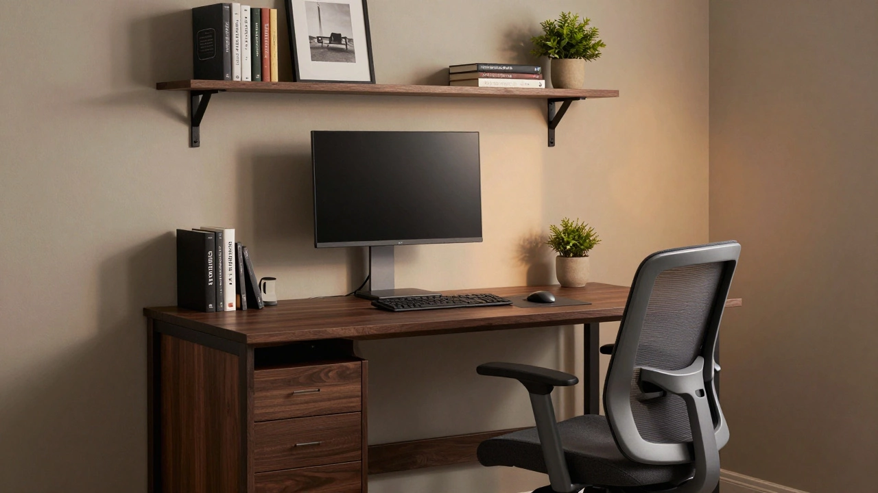Dark walnut home office desk with mesh chair and floating shelves in Gurgaon