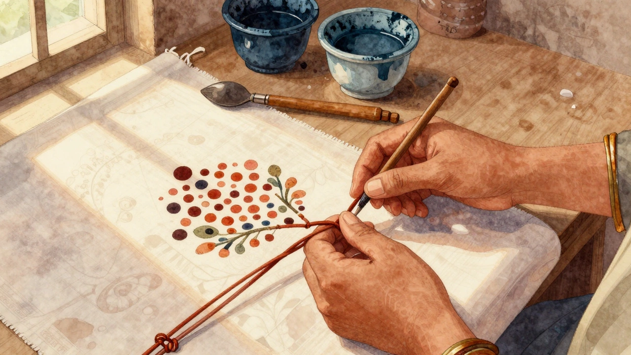 Hands tying intricate knots in silk fabric to create traditional Bandhani patterns.