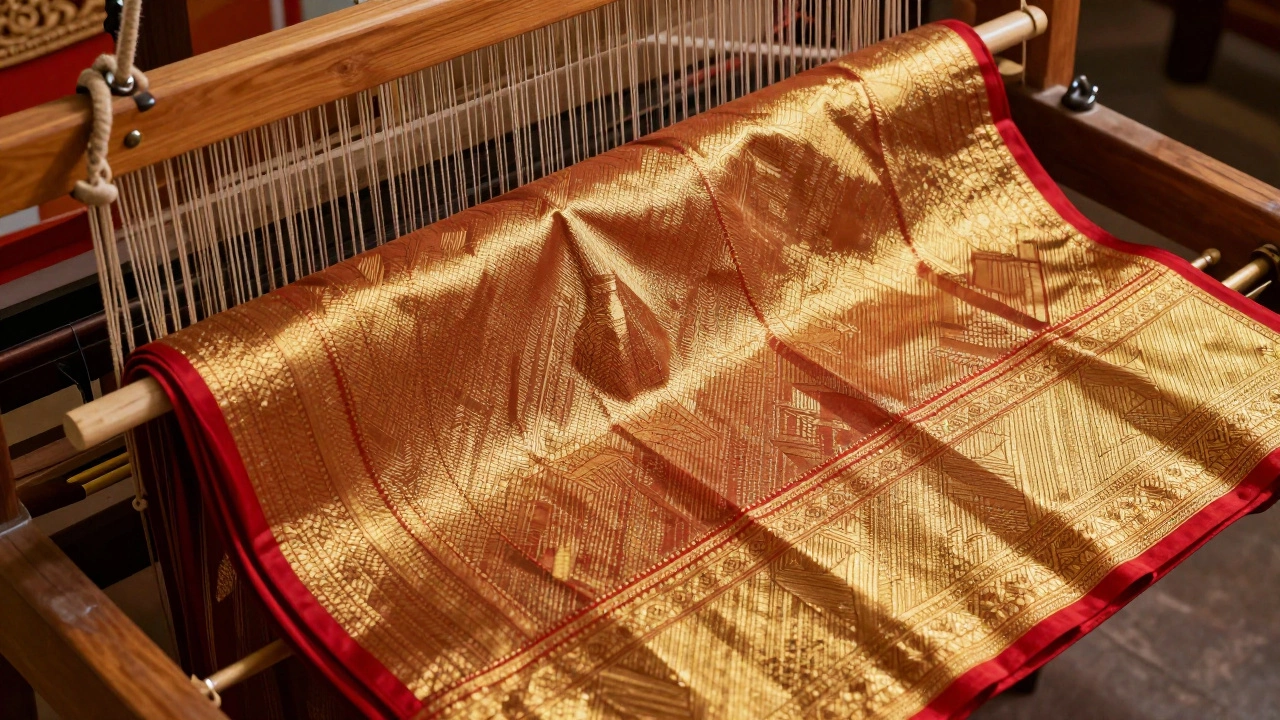 Intricate handwoven silk sari with global city reflections in its shimmering threads.