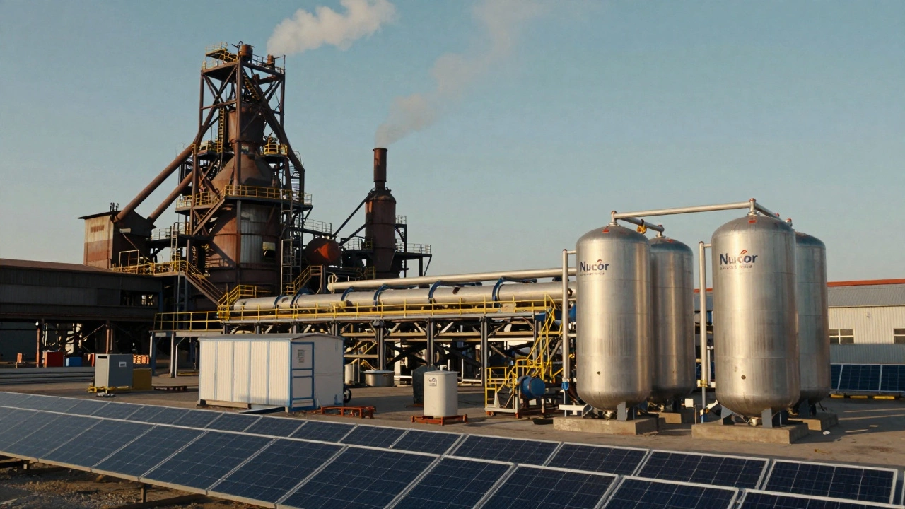New hydrogen steel plant under construction beside an aging mill, symbolizing Nucor's transition.