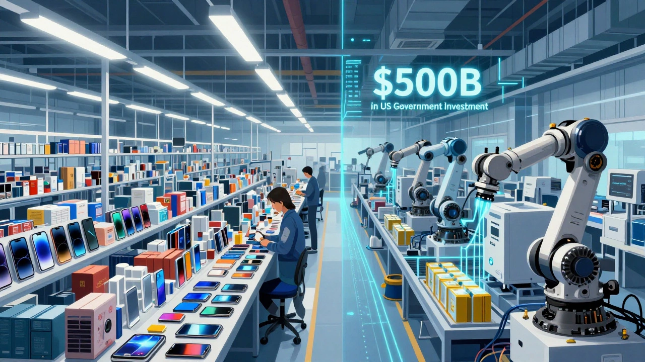 Split scene: Chinese mass production vs. US high-value manufacturing with investment streams.