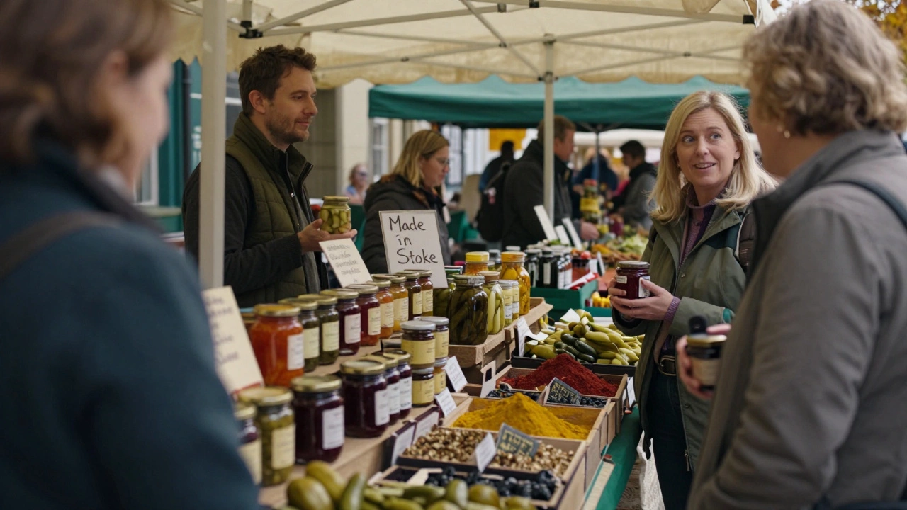 A farmers' market stall selling handmade jams and pickles under a canvas awning.
