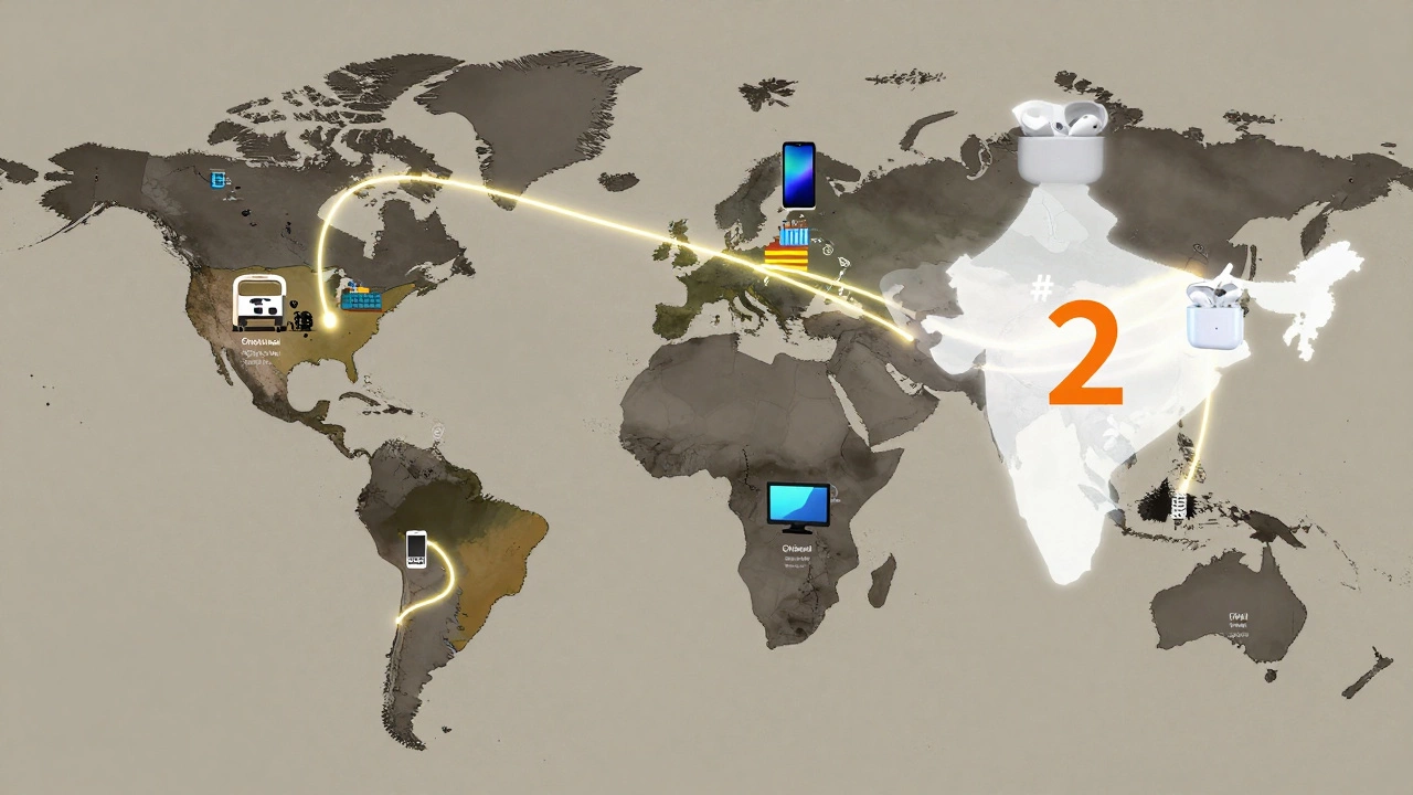 A global map highlighting India as the second-largest electronics producer exporting to multiple continents.