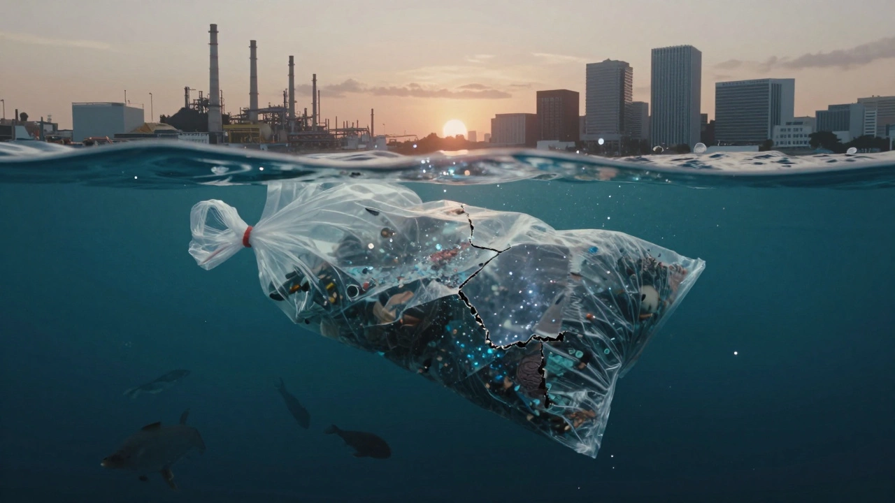 A massive plastic bag drifting in the ocean, emitting microplastics beneath shadowy marine creatures.