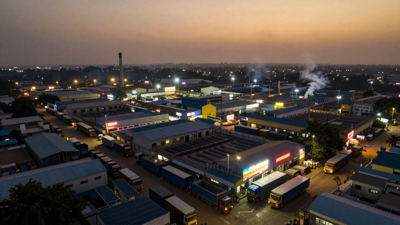 Aerial view of Surat's textile industrial zone at dusk with trucks, neon signs, and solar-powered dyeing plants.