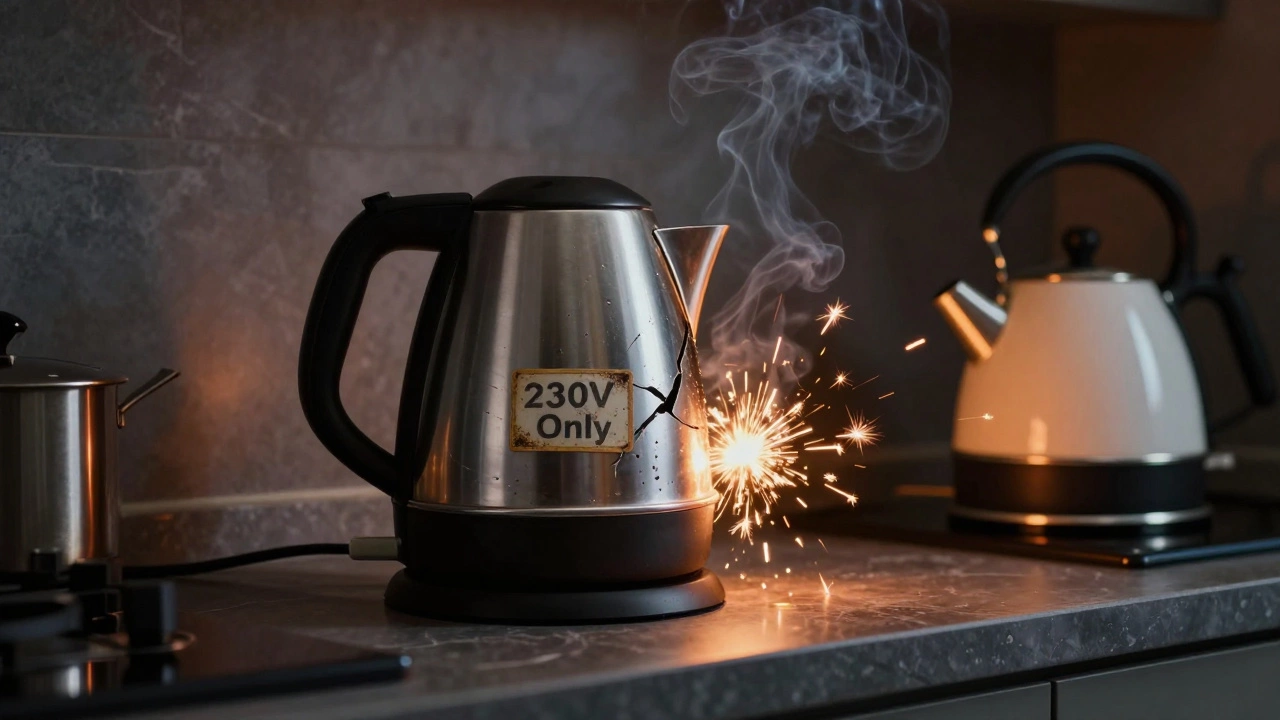 An overheating Indian electric kettle sparking on a US counter, with a safe US kettle in the background.