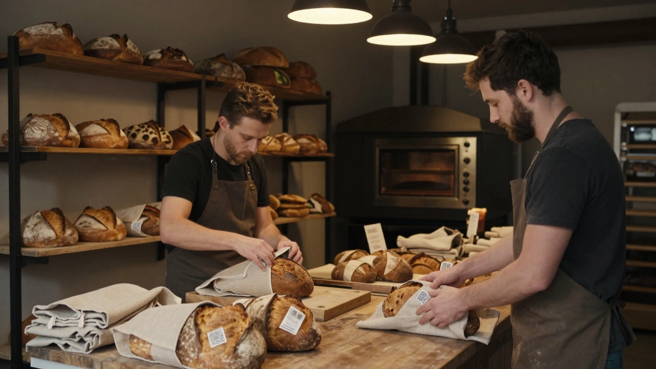 Artisans packaging sourdough loaves with QR codes in a small garage bakery.