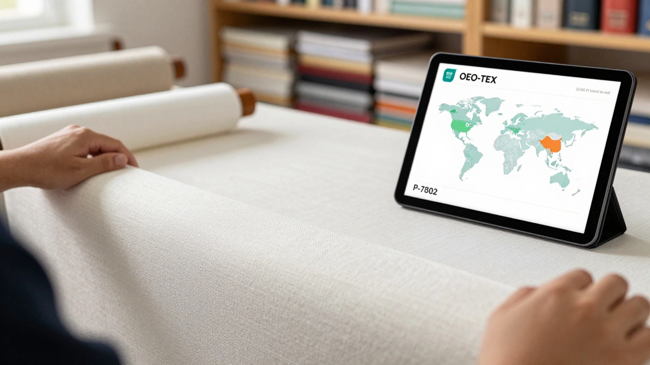 Close-up of a textile supplier unrolling a fabric bolt with digital certification and global export map visible.