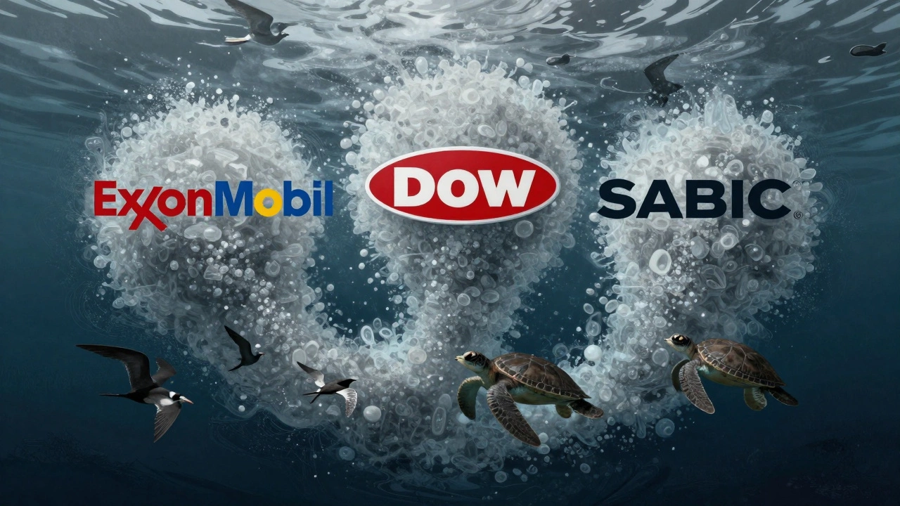 Corporate logos floating in ocean water surrounded by microplastic fragments and marine life.