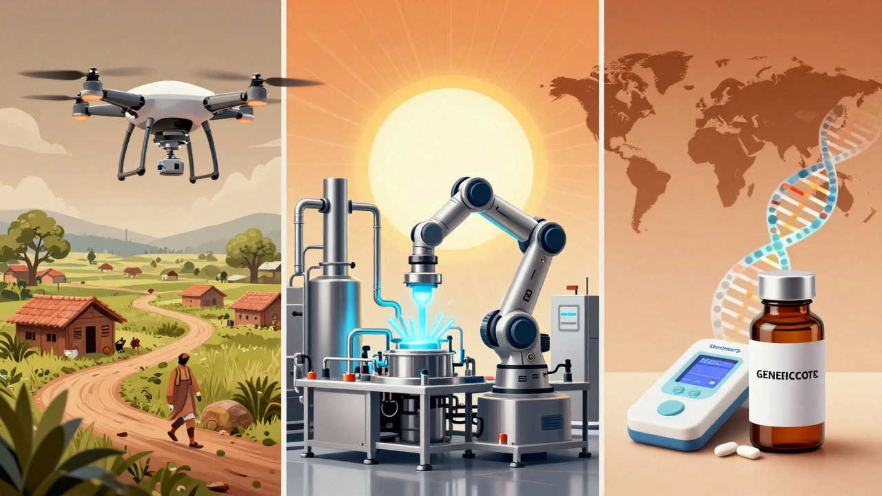 Drone delivering medicine, API plant, and genetic testing kit symbolizing India's pharmaceutical future