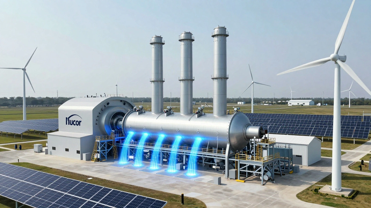 Futuristic green steel plant with hydrogen energy streams and renewable energy sources.