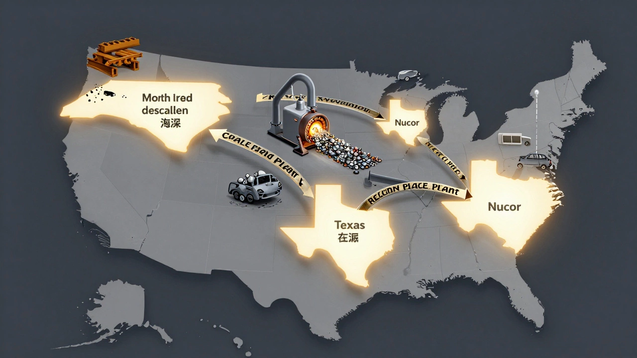 Map of U.S. with Nucor facilities and recycled scrap flowing into steel products like beams and appliances.