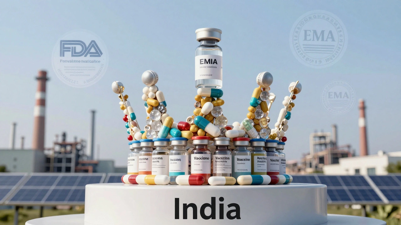 A crown made of pills and vaccine vials labeled 'India,' with regulatory inspection badges floating nearby.